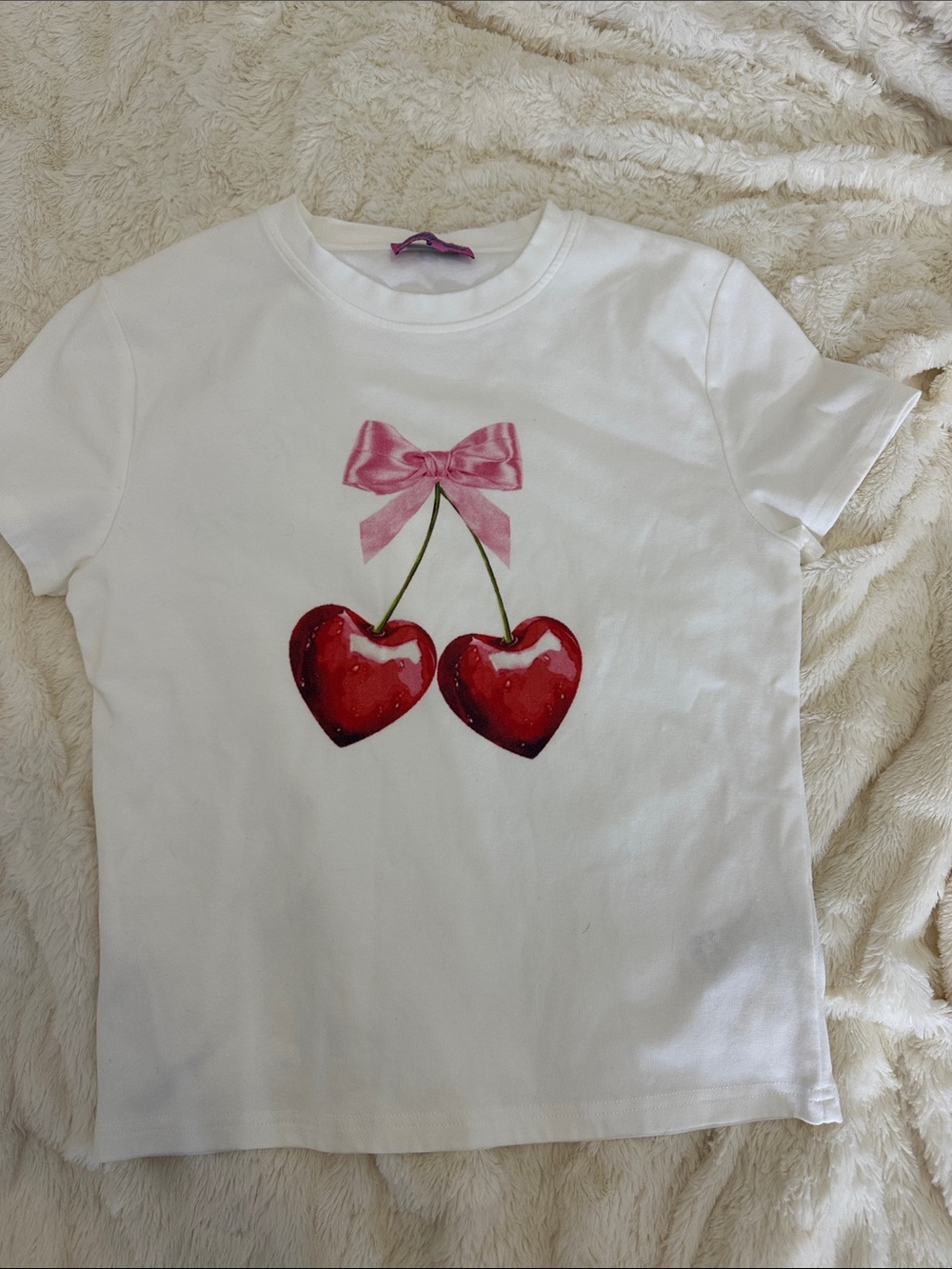 Edikted White Tee with Pink Bow and Red Cherry Graphic
